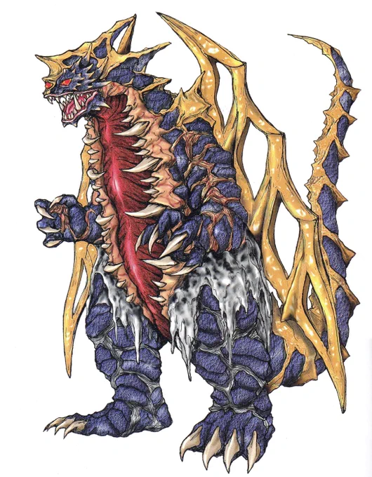 スーツ新造記念にキングオブモンスのデザイン画を。丸山氏の解説によるとモチーフは「△」との事。(スキューラが〇でバジリスが。)画像2枚目は初期案、この時点での名称はキングクロノス。何となくではありますがガイガレードっぽい感じであります。#ウルトラマンガイア#丸山浩 