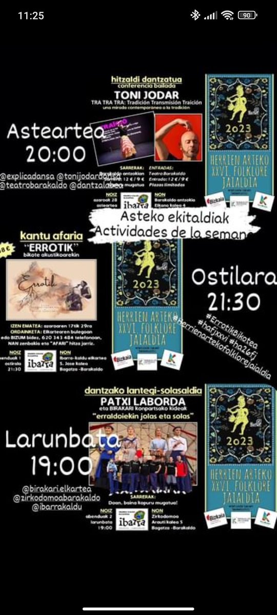 ibarrakaldu's tweet photo. Asteko ekitaldiak
#hafj #ha26fj #hafjXXVI #herrienartekofolklorejaialdia 
@explicadansa @ibarrakaldu @TeatroBarakaldo 
#conferenciabailada #kantuafaria #erraldoiak #gigantes https://t.co/BF2laExh69