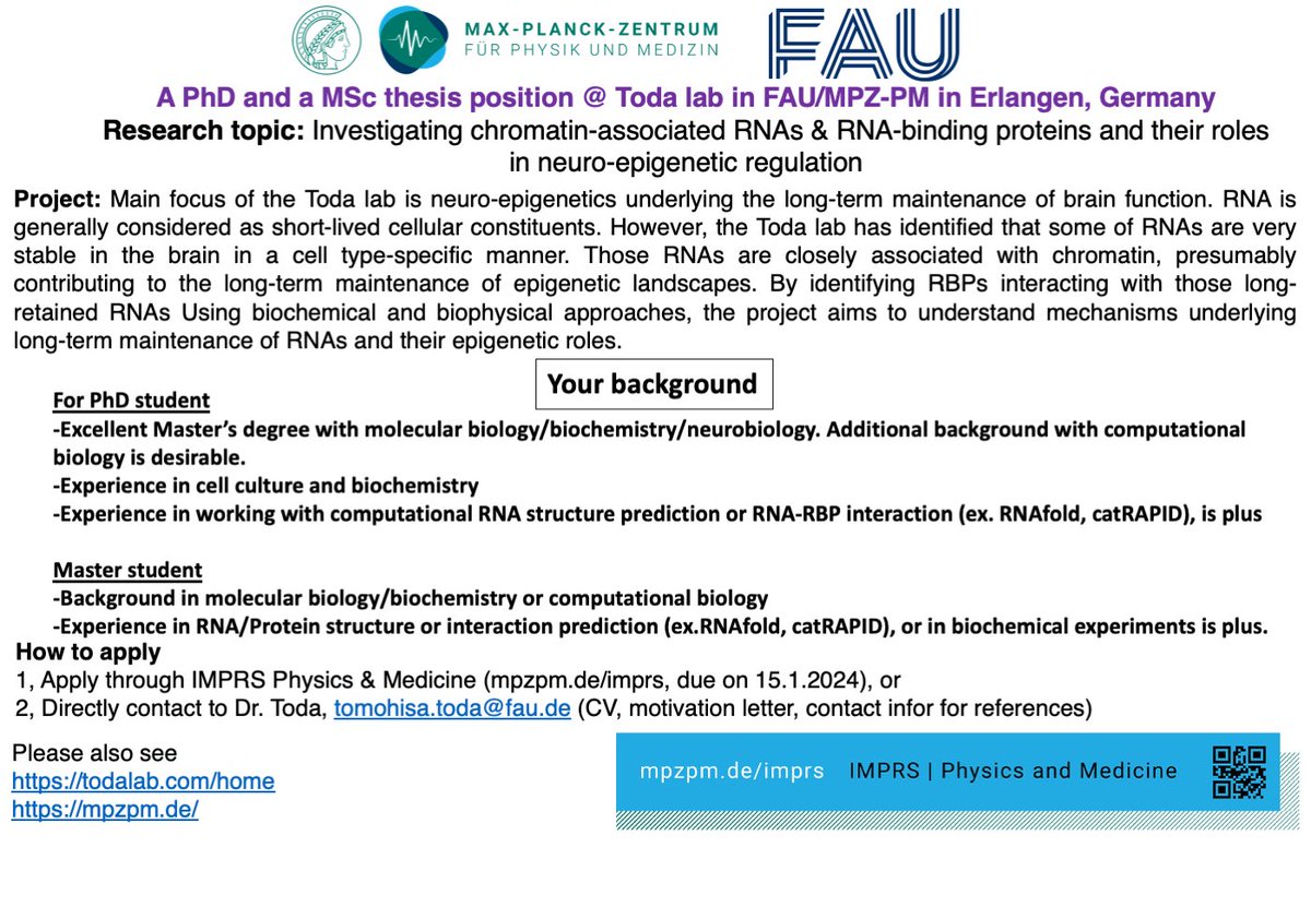 Open PhD position @TomohisaToda @MPZ_PhysMed investigating RNA binding proteins in neural epigenomics. Please apply and RT!!