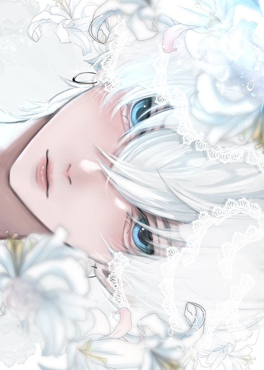 solo white hair blue eyes flower looking at viewer white flower 1boy  illustration images