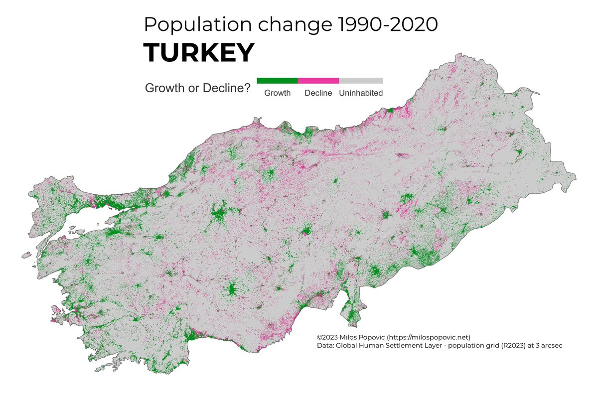 Turkey's population has exploded in the last 30 years! 😱 My map shows how much each province has grown or shrunk since 1990. 🗺️

🌍 Learn how to make your own maps with Global Human Settlement data in my video and tutorial! 🎥

Video: youtu.be/vQ_M-wv73aY