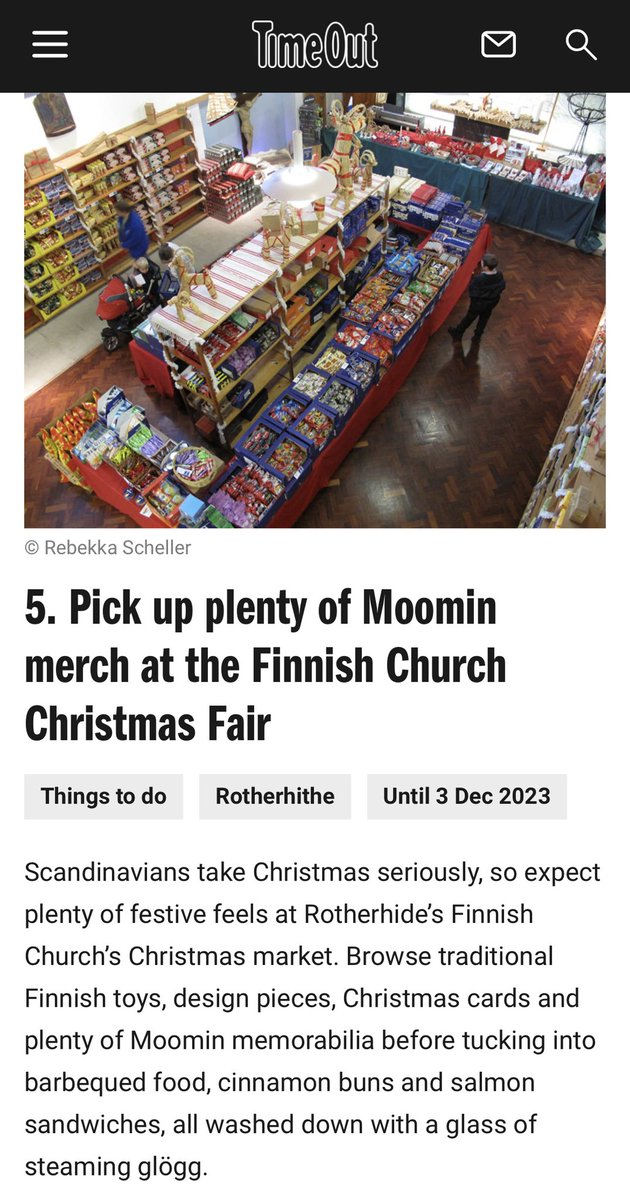 📰 ❤️ Thank you @TimeOutLondon for mentioning our Finnish Christmas Fair as one of the things to do this and next weekend! 🎄 The Finnish Christmas Fair is open: 24.-26.11. & 1.-3.12. Fri 12-20 Sat 12-18 Sun 12-18 🫶🏼 Please notice we are closed during the week (27.-30.11.)