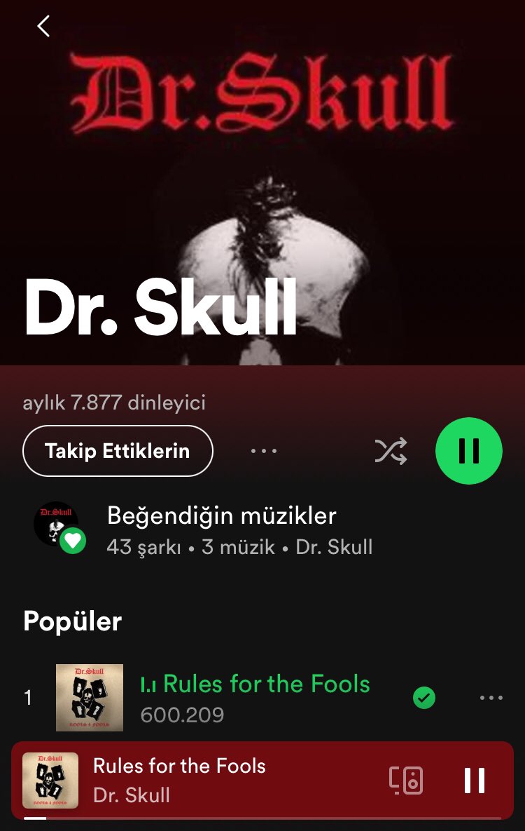 Dr. Skull - Rules For The Fools spotify’da altıncı yüzbin dinlemeyi devirdi! Grubu tebrik eder, dinleyen herkese teşekkür ederiz!