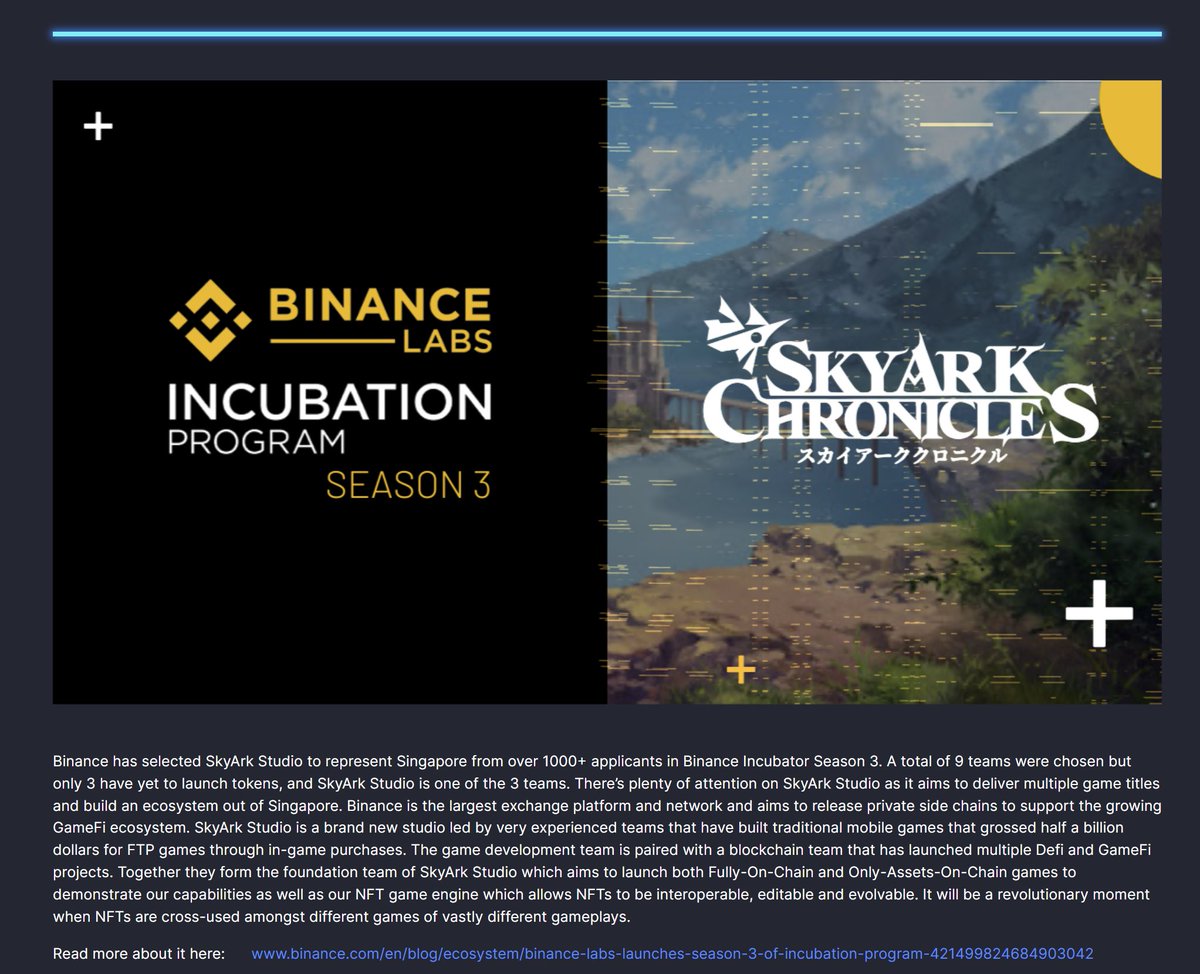0xSunNFT's tweet photo. 入选币安孵化器第3季的SkyArk Studio的GameFi生态项目 @SkyarkS 明牌发币，参与成本也不高，值得关注

基本介绍：
SkyArk Chronicles是基于日本动漫概念的GameFi项目，游戏世界中包含许多个岛屿，并由链互相连接，目前已经确定将会推出三款游戏，包括House of Heroes，Legends Arise和RE: SkyArkVers，其中前两款为JRPG，最后一款则为SocialFi的开放式世界。
团队背景：
SkyArk Studio是总部位于新加坡的区块链游戏工作室，主要团队成员来自新加坡、中国、印度尼西亚等国家，拥有在3A游戏工作室的制作经验。团队理念是构建可持续的加密游戏生态系统，让玩家从游戏中获得真正的乐趣。
投资合作机构：
由Binance Labs领投，且与LayerZero、BNB Chain、WXYZStudio等知名项目或团队达成合作。

参与方式：
项目方已经明确表示收集到的游戏积分未来可以兑换成 $SAC ，目前的参与方式是通过skygate NFT完成每日养成史莱姆任务获得积分，每个号每天可以获得800分，由于在opBNB链所以Gas消耗也非常低

NFT链接：
https://t.co/7SU2a9SJ28
参与任务：
https://t.co/SY42NtXxiD