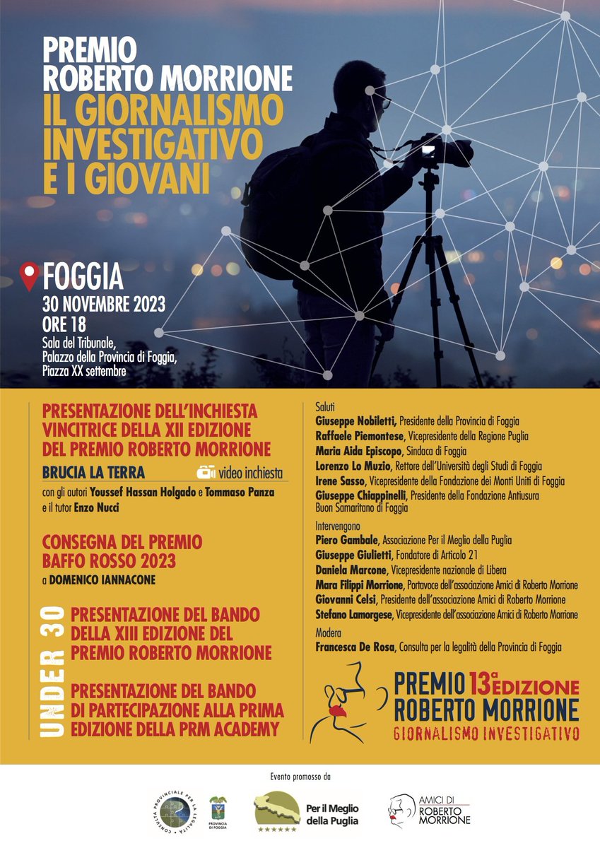 Il giornalismo investigativo e i giovani.
Il #30novembre ci vediamo a #Foggia alle ore 18 nella Sala del tribunale di Palazzo Dogana con la presentazione dell'inchiesta vincitrice 2023 e con la partecipazione speciale di Domenico Iannacone.