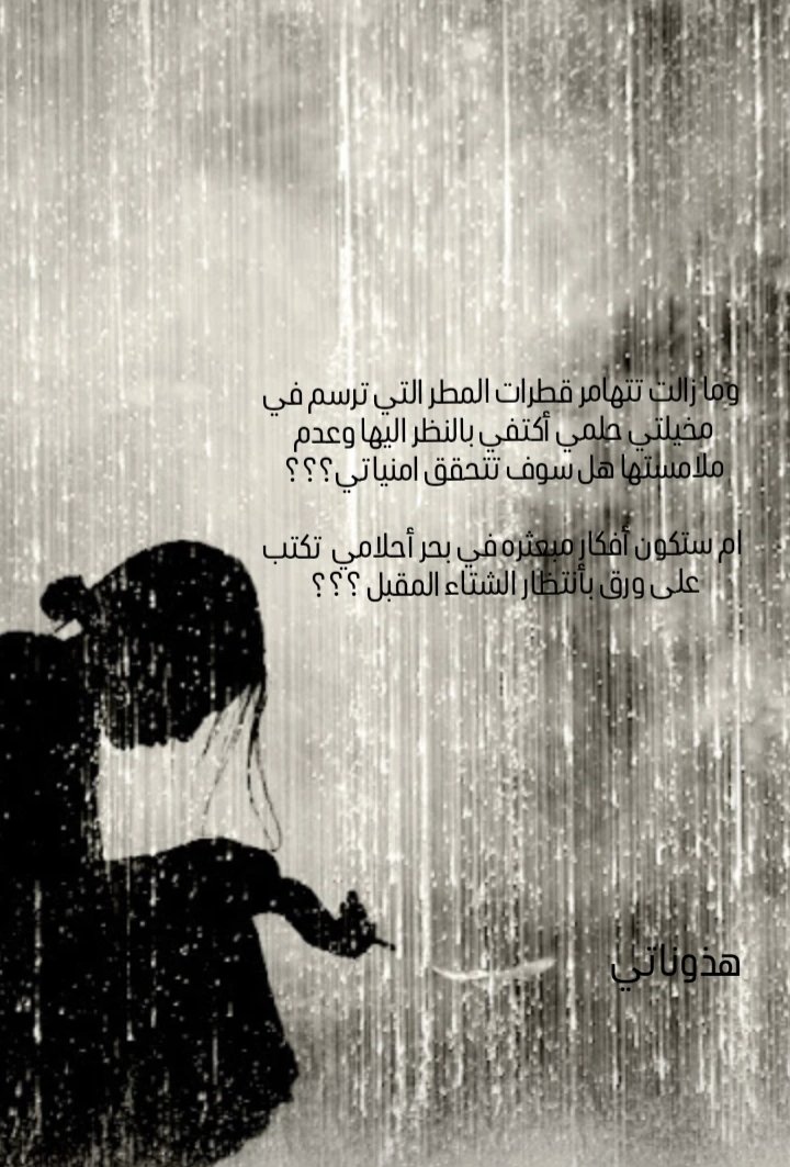وما زالت تتهامر قطرات المطر التي ترسم في مخيلتي حلمي أكتفي بالنظر اليها وعدم ملامستها هل سوف تتحقق امنياتي ؟؟؟؟

 ام ستكون أفكار مبعثره في بحر أحلامي  تكتب على ورق بأنتظار الشتاء المقبل ؟؟؟؟