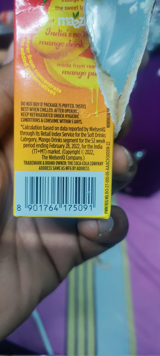 deenstyle2's tweet photo. @CocaColaCo @fssaiindia @jagograhakjago @CMOTamilnadu Complaint, I've found white fungal, slimy or don't know what exactly was, pic attached, found in Maaza 10 rs. Pack today. My children had few sips. Serious matter of mistrust &amp; lethal to lives of consumers. @MaazaIndia https://t.co/ORtmjziSuP