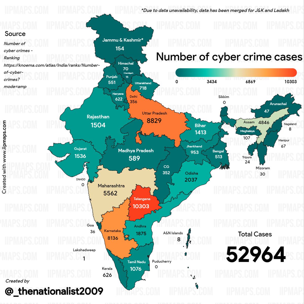 Number of cyber crime cases. NB: Please refer to the link in the image for more context. Created by M. Priyanshu Rao using iipmaps.com – the easiest way to create data maps