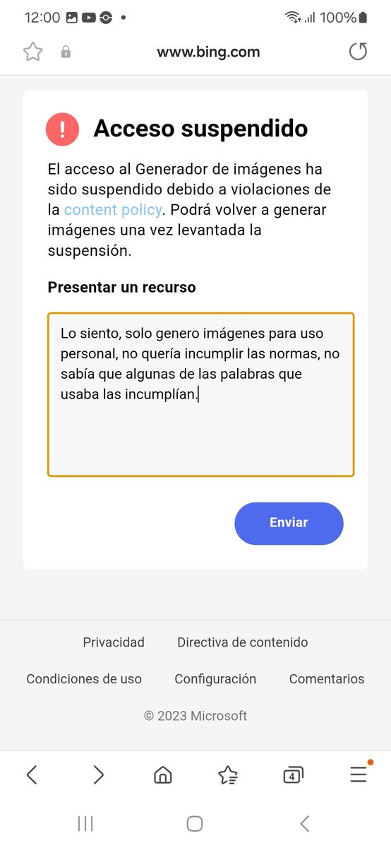 sebasweee's tweet photo. Me han bloqueado, baneado del generador de imágenes de bing, le di a presentar un recurso, pero me dice que ha habido un error al enviarlo. En la imagen y el texto alternativo he puesto lo que les dije. https://t.co/PGO7nnz9h1