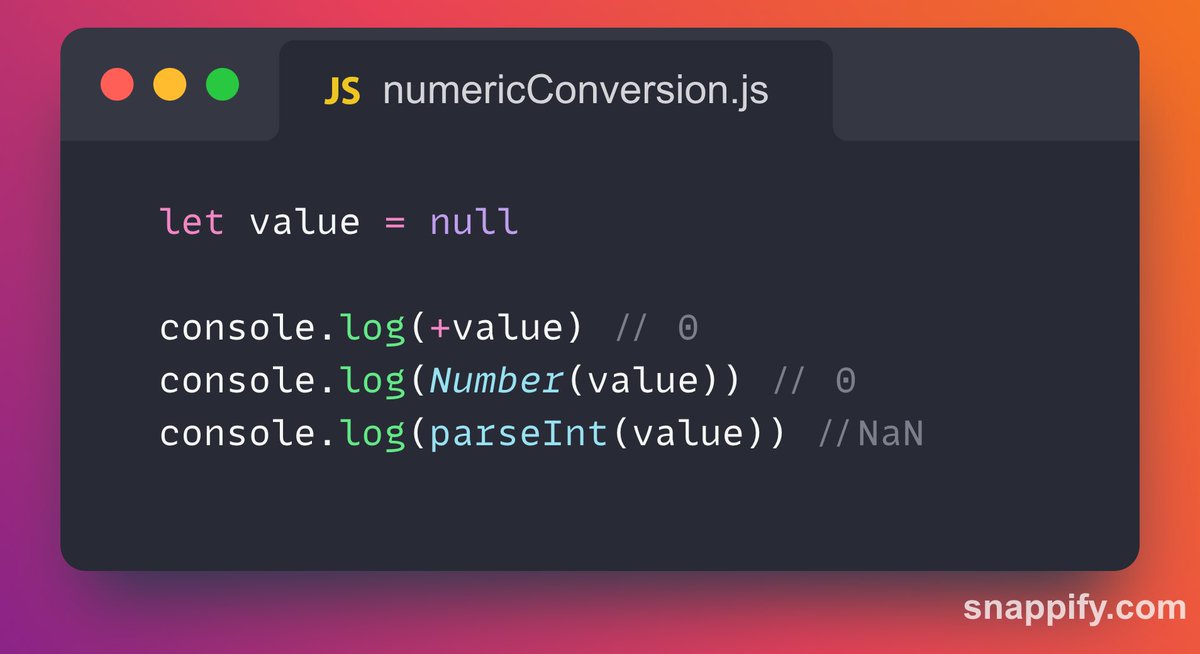 Adefizzy045's tweet image. Using the Number constructor or unary plus operator returns zero for null value while parseInt returns NaN.
#javascript #Javascript101