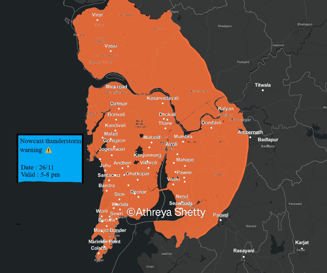 shetty_athreya's tweet photo. Nowcast #Thunderstorm warning ⚠️ issued for #Mumbai suburbs, #SoBo #NaviMumbai #Thane #Kalyan #Vasai and #Palghar (Valid 5-8 pm)
Stay alert #Mumbaikars!
Intense TS off the coast will have a direct hit ⛈️Extremely active TS with mod-heavy #MumbaiRains, lightning ⚡, strong winds and isolated #hailstorm