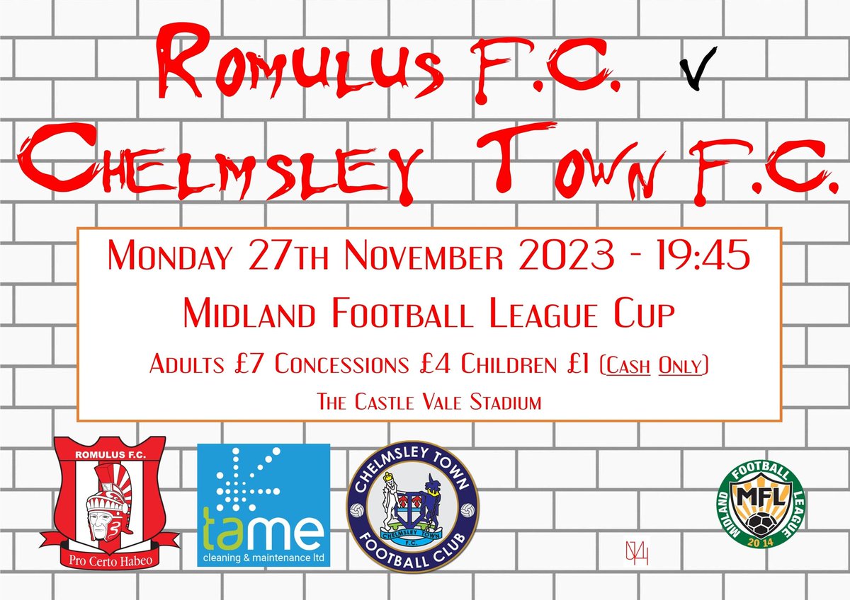 Romulus_fc's tweet photo. Tomorrow, we take on @chelmsleytown at The Castle Vale Stadium in the @MidlandLeague Cup. Come down and cheer The Mighty ROMs lads on.
Sponsored by @TameCleaning & Richard Evans. https://t.co/7qkQpx2dto