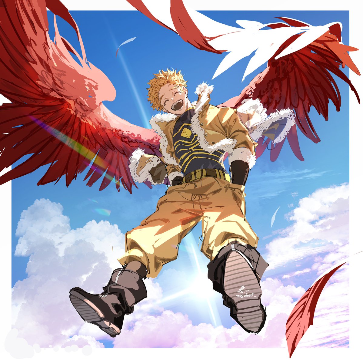 hawks (boku no hero academia) 1boy male focus sky blonde hair wings solo feathers  illustration images