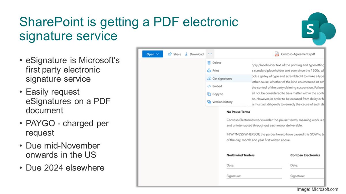🔜ish. #SharePoint is getting a PDF electronic signature service.

Microsoft: “SharePoint eSignature is Microsoft’s first-party electronic signature service which allows users to easily request eSignatures on a PDF document via SharePoint online.  Signers can easily add their