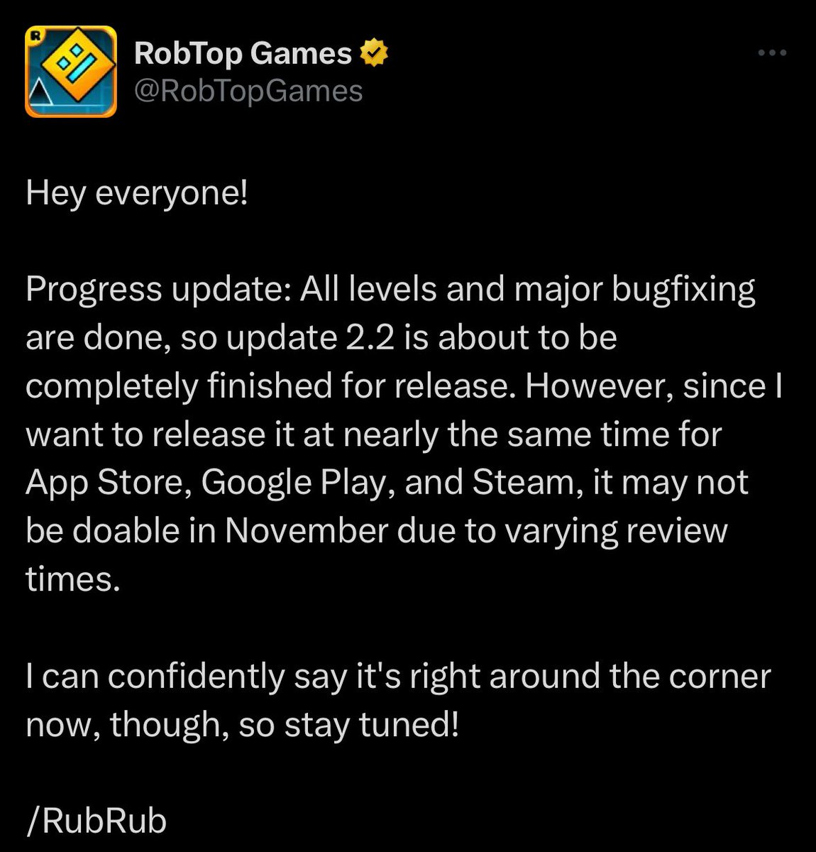 today_gd's tweet image. 2.2 is essentially finished, may be delayed due to varying platform review times.