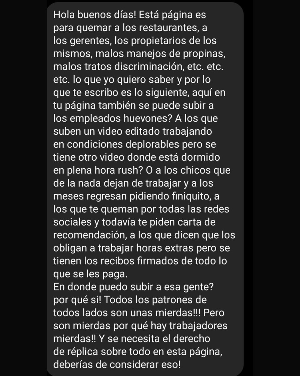 "Querida" empresaria:

Tu pésimo  AMBIENTE laboral lo provocas TÚ.

No, aquí no se van a exponer a tus trabajadores "huevones". 

Abre tu página y suerte con eso. 

Aquí vamos a exponer la razón por las que odian y se expresan así de la clase trabajadora. 

Réplica? Siempre la