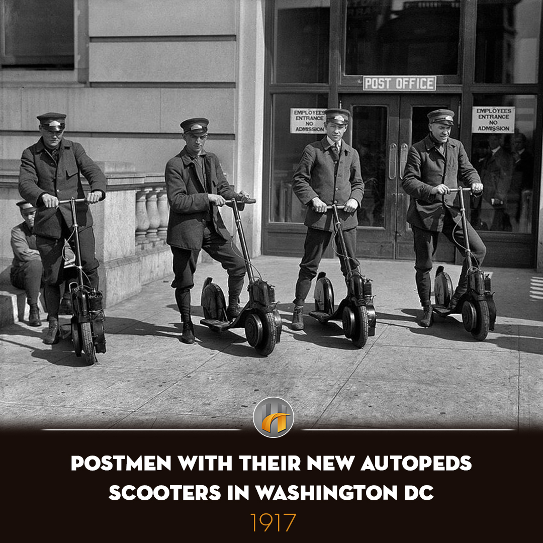 HistoryUnleash's tweet photo. Postmen with their new Autopeds scooters, Washington DC, 1917. https://t.co/6S1yiDP9Ot
