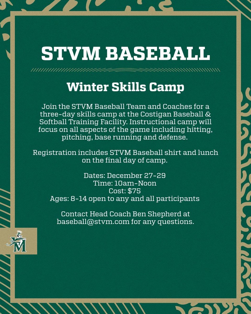 Registration is now OPEN for the STVM Baseball Winter Skills Camp! Visit the link below to register! ⚾️☘️

buff.ly/3GifoT1