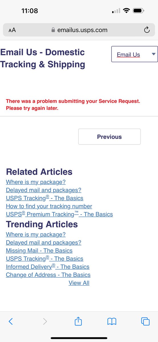 CSG37s's tweet photo. @USPSHelp trying to submit a service request for a missing package but I’m getting an error. https://t.co/7yLrzLbZgd