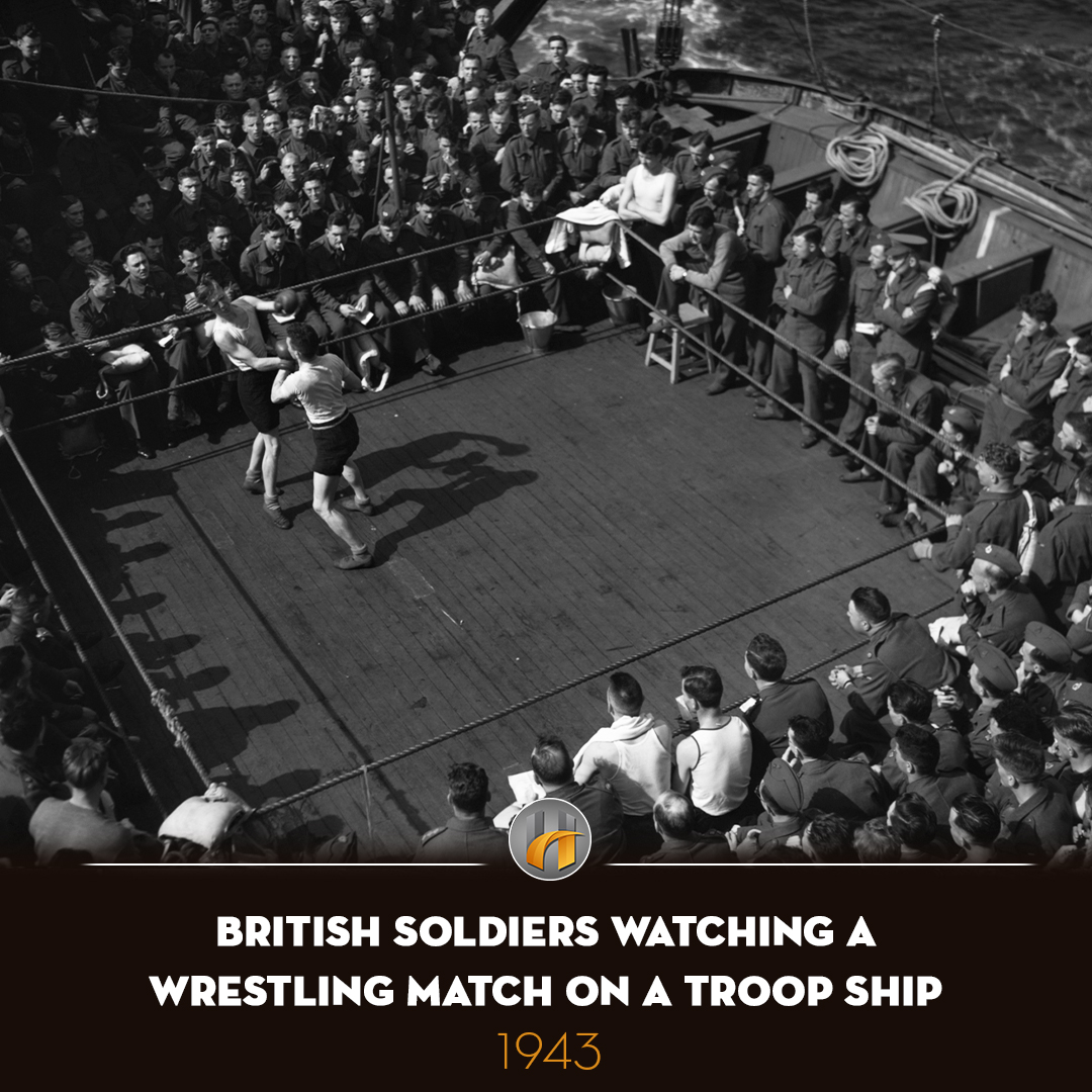 HistoryUnleash's tweet photo. British soldiers watching a wrestling match on a troop ship from England to North Africa, 1943. https://t.co/sRb7S9C9sn