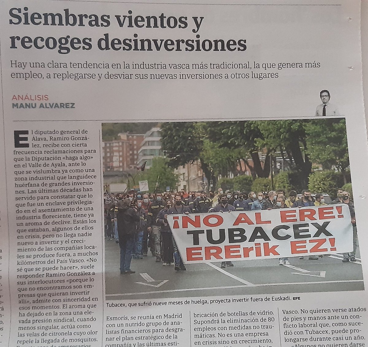 Esmoris, su séquito y medios patrocinados cargan contra sus trabajadores y ratitas.
La partición de Tubacex-Aceralava en pequeñas empresa para crear Tubacex Group, nos trajo el cáncer. Una nevera para mantener el sueldo congelado y un útil para colgar los guantes.