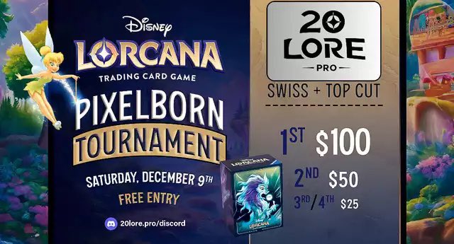 20LorePro's tweet photo. Sign ups for our https://t.co/sOcHp0TAh8 kick-off tournament are still up!

Entry is FREE! Come compete for a shot at $100 cash and the ultimate bragging rights 😎

Details in the link below. #DisneyLorcana #RiseOfTheFloodborn #Pixelborn #20LorePro 

https://t.co/EMTtiaISc8 https://t.co/BLZPB2WAPN