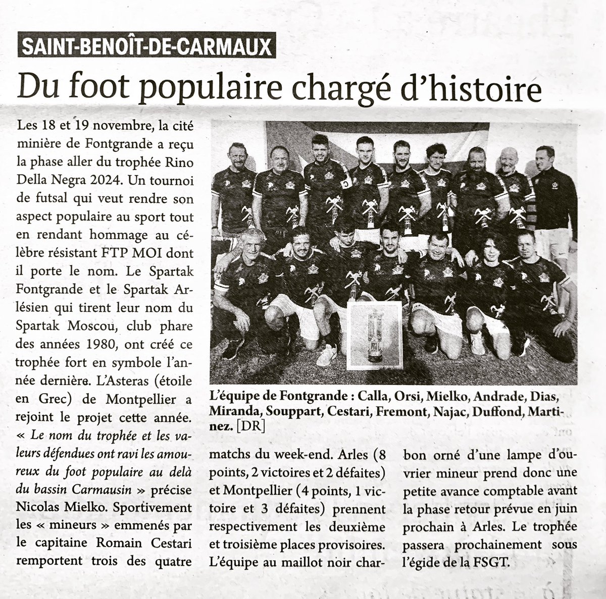 Merci au journal le Tarn libre du 24 novembre 2023 pour cet article sur le trophée Rino Della Negra ⚒️.
#footpopulaire