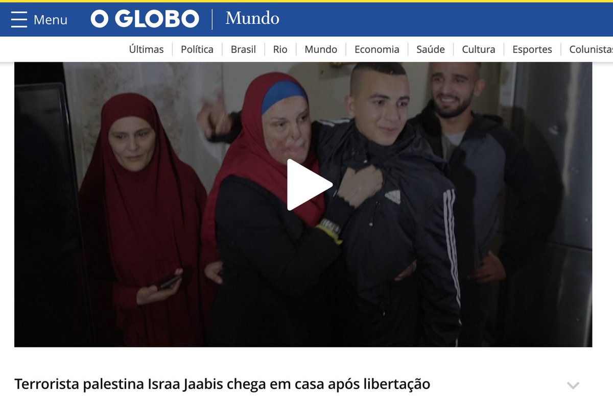 FepalB's tweet photo. A primeira frase de Israa, ontem, ao ser libertada, foi:

"Tenho vergonha de me alegrar [com a libertação] enquanto toda a Palestina está ferida"

É assim que o @JornalOGlobo retratou Israa hoje https://t.co/tF7uthxEPo