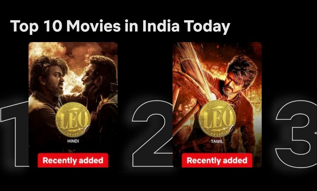 Pakkudu4's tweet photo. @boxofficesquare But it is trending on @NetflixIndia library. Top 3 titles on Netflix India today belongs to #Leo. Surprisingly #LeoHindi has outplaced #LeoTamil.
#LeoOnNetflix . https://t.co/CV77uFH7r1