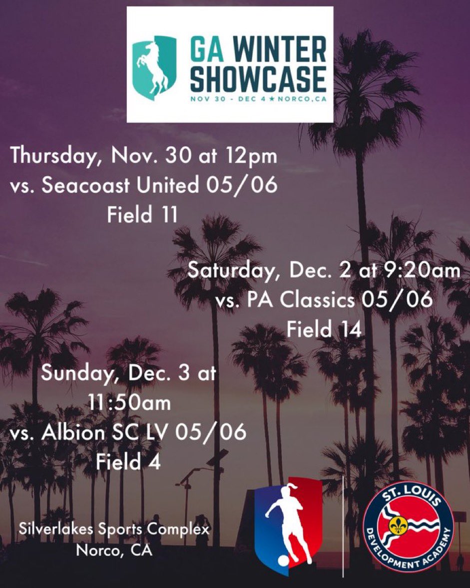 Excited to play in the <a href="/GAcademyLeague/">Girls Academy</a> Winter showcase with <a href="/06Sporting/">STLDA 06 Girls Academy</a> in Cali this week! Here is the game schedule! @STLDevAcademy