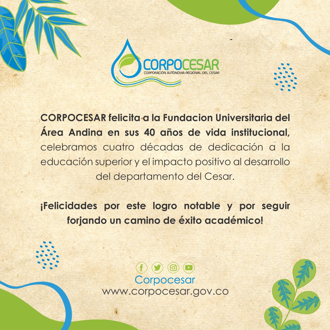 CORPOCESAR felicita <a href="/areandina/">Areandina</a> en sus 40 años de vida institucional,  celebramos cuatro décadas de dedicación a la educación superior y el impacto positivo al desarrollo del departamento del Cesar. 

¡Felicidades por este logro notable y por seguir forjando el éxito académico!
