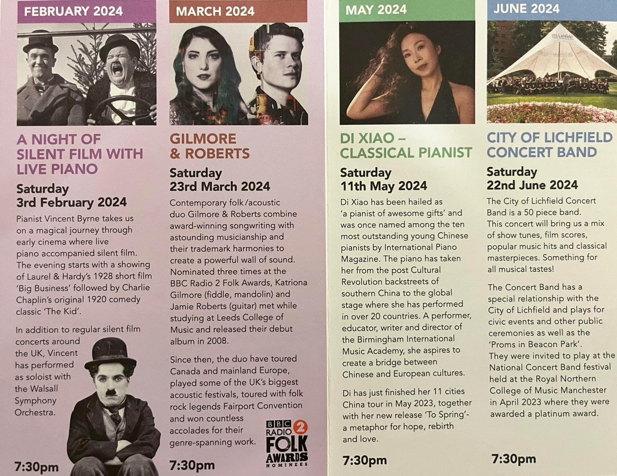 Struggling for Christmas ideas?  Gift a ticket for one of our concerts:

🎹 Silent Film with Live Piano - Sat 3 Feb
🎶 Gilmore &amp; Roberts Folk - Sat 23 March
🎹 Di Xiao - Classical Pianist - Sat 11 May
🎺 City of Lichfield Concert Band - Sat 22 June

Buy: htsc.org.uk/whats-on-and-g…