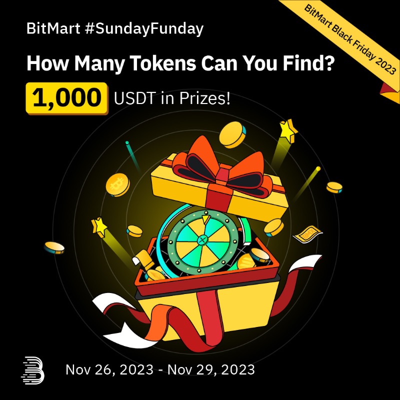 BitMartExchange's tweet photo. Discover the magic of the #BitMartBlackFriday Gift Box to find out the hidden tokens for a chance to share a massive 1,000 USDT! 💰

1⃣Follow @BitMartExchange 
2⃣Quote RT with your answer &amp; tag 3 your crypto friends
3⃣Complete: https://t.co/V0J3sccTQh

$BTC $ETH $SOL $XRP $BMX