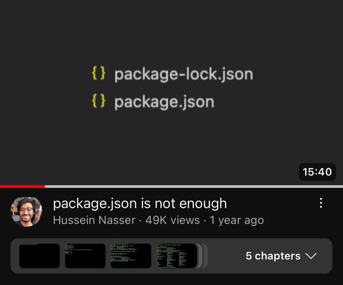 hnasr's tweet photo. There are some threads on X discussing pinning package versions to avoid breakage. 

Thought it might be appropriate to share this video on the importance of package-lock.json 

In Node when your code references a library A and that library references library B and that in turn references Library C. Running npm install will install the latest version available of those dependencies (as long no particular version is specified). Say the following are the latest versions 

A-v1.4 , B-v9.1, C-v6.1

Upon installing, a new file is created called package-lock.json with the exact versions so say A-v4 , B-v9 and C-v6 burnt into those files. 

You then test your code and make sure all works. 

You push both package.json and the package-lock.json

later 6 months these are the latest versions of the libraries

A-v2.0, B-v9.2, C-v6.5

A new machine pulls the repo and run install, 
if we didn’t have the package-lock.json the machine may pull the newer version of libraries A-v2.0, B-v9.2, C-v6.5 and as a result possibly that your code no longer works are very high. 

Because the package-lock.json exists in the repo, the install will actually install the following 

A-v1.4 , B-v9.1, C-v6.1

and as a result making the code consistent. 

Of course I oversimplified this as package.json versions can pin major or minor releases

Watch my video covering this topic with examples

https://t.co/9hE4qDfdba