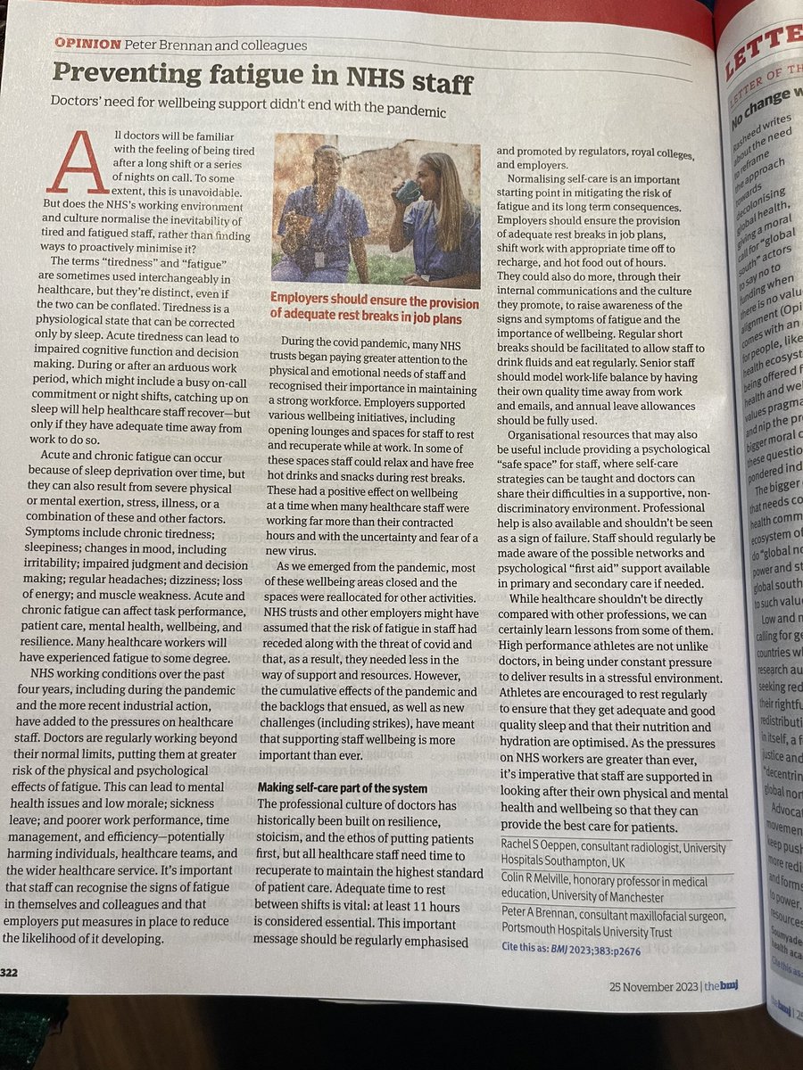 I tweet regularly about the long hours endured by surgeons and the article in @bmj_latest by @BrennanSurgeon speaks to this. Tackling fatigue among medics was prioritised during COVID but not now even though pressures, especially on trainees, is worse than ever. We love…