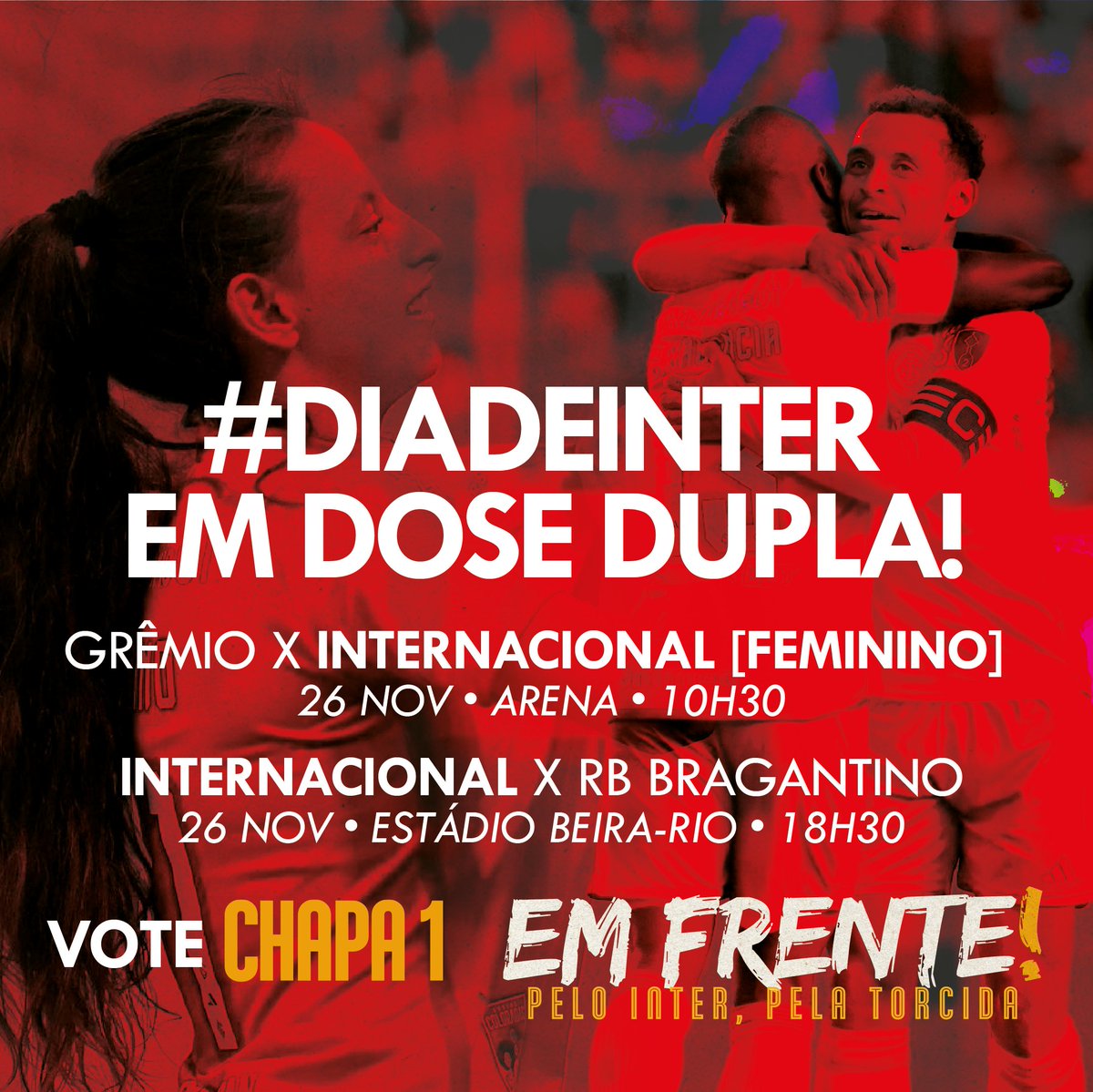 Chapa1_EmFrente's tweet image. #DiaDeInter no Feminino e no Masculino! 

É dia de torcer em dobro pelo nosso Colorado.

Em busca do título gaúcho, as gurias enfrentam o grêmio às 10h30 pelo segundo jogo da decisão com a vantagem de 2 x 0.

Às 18h30 tem Inter x Bragantino em mais uma rodada do Brasileirão.