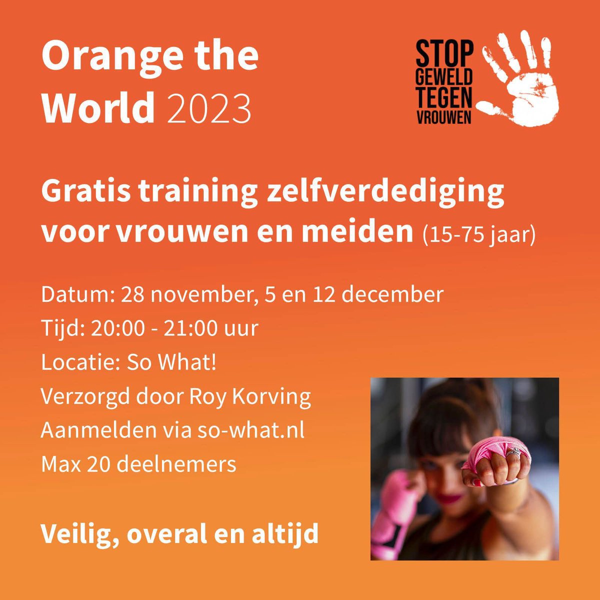 SoroptiGouda's tweet photo. Gratis training zelfverdediging 

#OrangeTheWorld is de actie om aandacht te vragen tegen geweld tegen vrouwen en meisjes. In @SoWhatGouda organiseren we drie gratis trainingen voor vrouwen en meiden met medewerking van Roy Korving.

Tickets via:   https://t.co/WV73JGirOy https://t.co/kPG53O1BuC