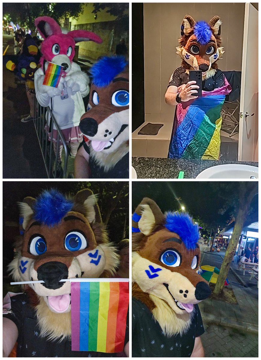 shadowodoggo's tweet photo. Suiting whilst watching a pride parade was so much fun, everyone loved the fursuits, so many high fives and happiness 🌈
Happy pride everyone!
🦊@Retro_2005
🦇@pumpkin_stein
#furrypride #prideparade #perthpride #prideperth #furry #furryfandom #fursuiter https://t.co/KDO1vSHGRT