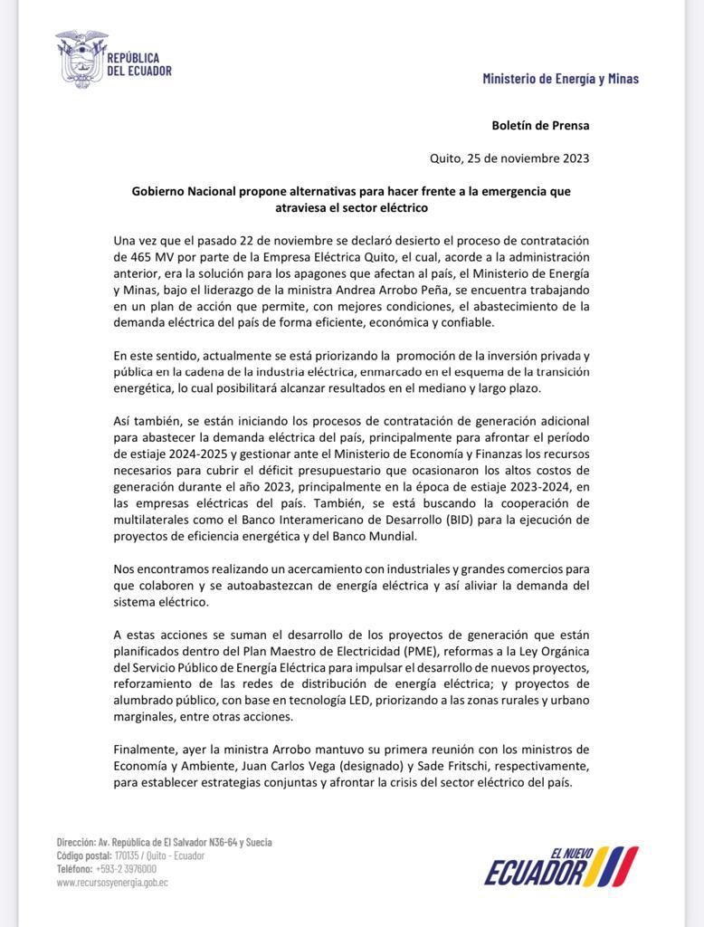ecuainm_oficial's tweet image. ‼️#URGENTE
Ministerio de Energía confirmó que se declaró desierto el proceso de contratación de 465 MV por parte de la Empresa Eléctrica Quito, que el Gobierno de Guillermo Lasso consideraba la solución para los apagones.