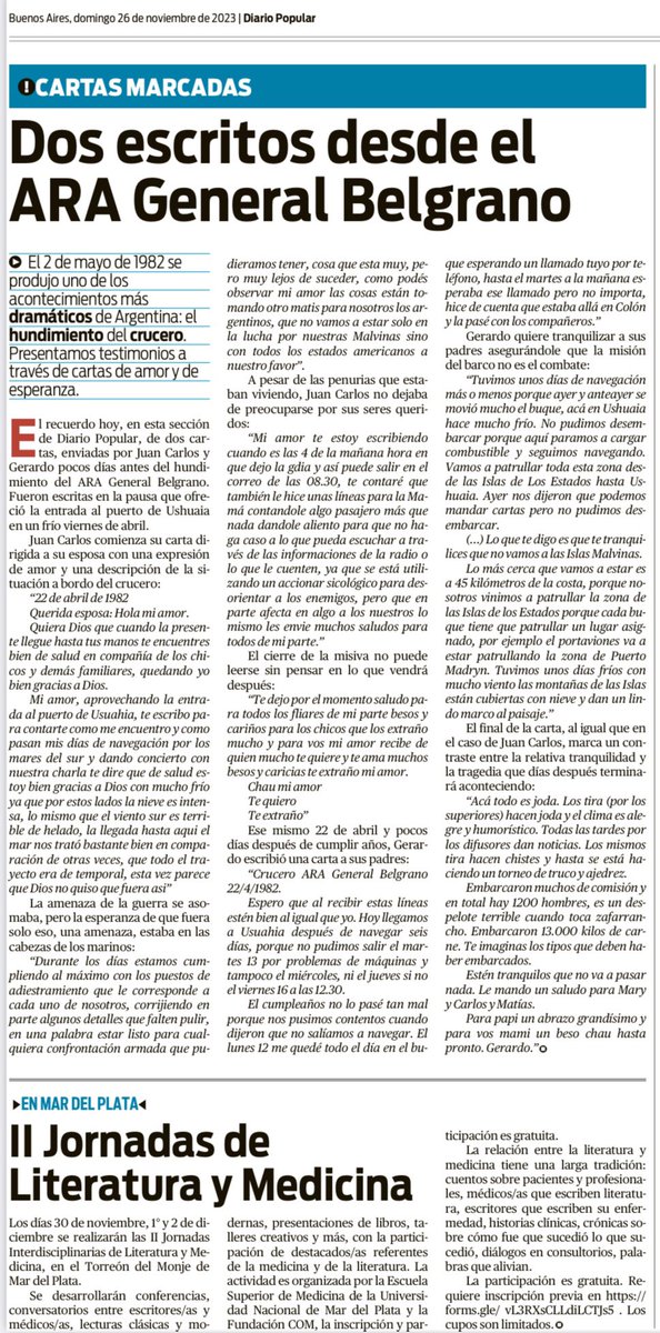 sobrecartas's tweet photo. Hoy en @populardiario. Cartas desde el Crucero General Belgrano. Y aviso de las jornadas de Literatura y Medicina. https://t.co/nBB56r4I7v