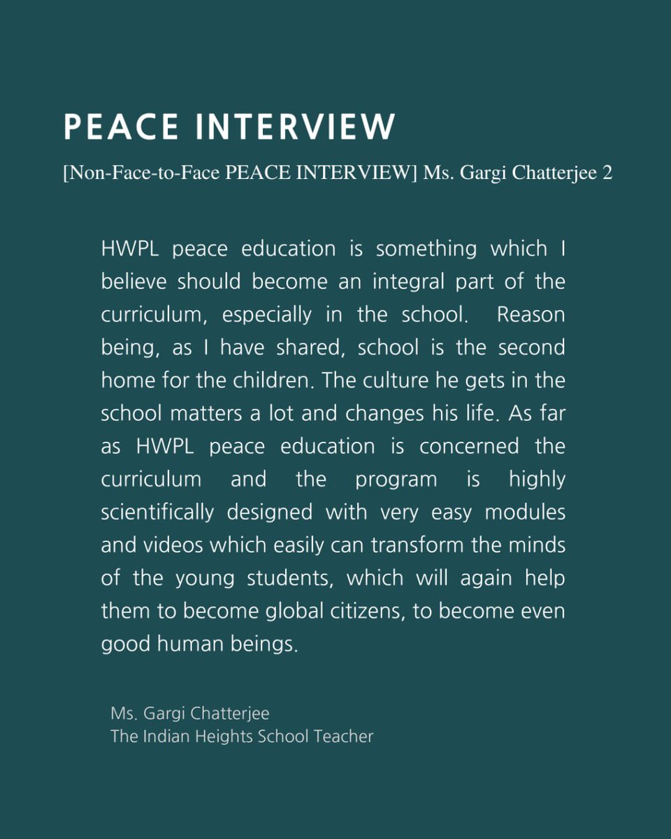 HWPL_PR_SE's tweet photo. #PEACEINTERVIEW
Through Indian Heights School teacher Gargi Chatterjee, we hear various and practical stories about the impact of the HWPL Peace Education Program taking place in India on both teachers and students.
https://t.co/EUKAjmVc63
#HWPL #HWPLPeaceAcademy #India https://t.co/6dyWoIVEN5