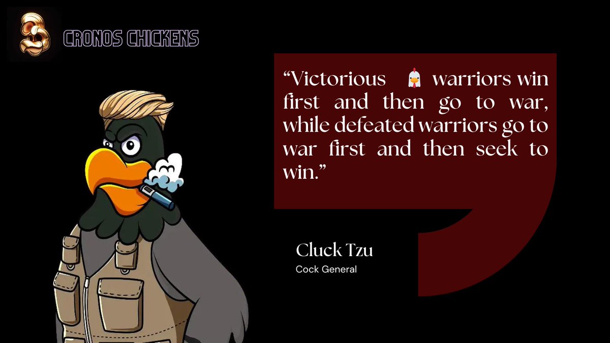 The art of 🐔 war!
<a href="/CROChickens/">Cronos Duckz 🦆| Cronos Chickens 🐔 | $egg 🥚</a> 

Seeking to join a thriving team? 
MMC faction possesses abundant resources and consistently ranks in the top 3, securing a weekly bag of #FRTN rewards! 💰

🗣️s/O to <a href="/MadMeerkatNFT/">Mad Meerkat Burrow | Mad Merge Live</a> + <a href="/TheSportsNFT/">Beta Mascots 🌽</a> + <a href="/EbisusBay/">Ebisu's Bay | GameFi - NFT Market - DEX</a> 🎣

#RyoshiDynasties #crofam #CRO