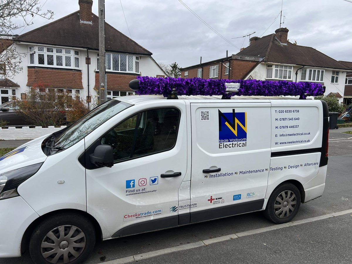 It’s back. The festive spirit has hit one of our vans. This one in @St_Raphs purple to show our continued support and hopefully raise some awareness! Van 2 coming soon! #electrician #electrical #surrey #tinsel #festive #tradition #support #awareness #charity #straphaels