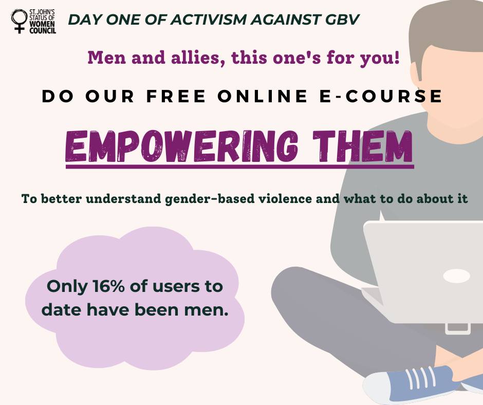 Day 1: Do our free online e-course, Empowering Them to better understand GBV &amp; what to do about it. Did you know only %16 of users to date have been men? Women and gender-diverse people cannot continue to bear the brunt of this crisis. #16DaysOfActivism  sjwomenscentre.thinkific.com/courses/empowe…