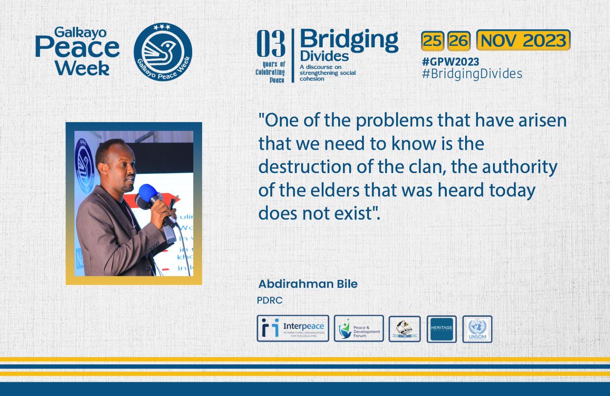 GLKPW's tweet image. "One of the problems that have arisen that we need to know is the destruction of the clan, the authority of the elders that was heard today does not exist".

Abdirahman Bile
PDRC
#GPW2023 #Gaalkacyo