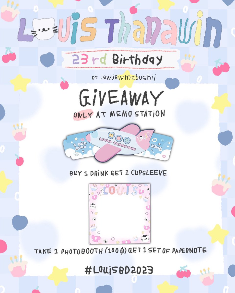 🥤Giveaway event🎁

- Paper Note 30 set
- Cup sleeve 30 set 

For everyone taking a cute pic in photobooth or grabbing a drink, there's a special giveaway at Memo Station Cafe! 
🎁 Don't miss out on the cute gift!

<a href="/Louis_Thanawin/">Louis_thanawin</a> <a href="/SnapSenseTH/">SnapSense.th</a> 
#louis_thanawin #LouisBD2023
