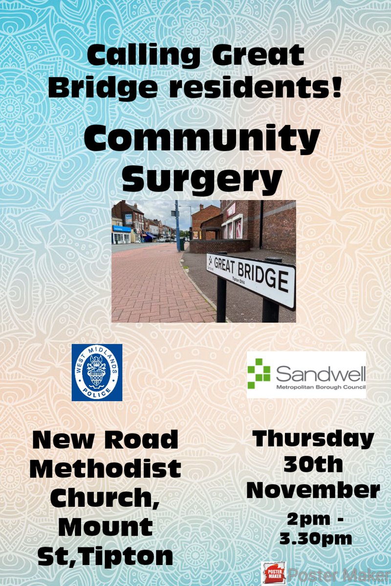 TiptonWMP's tweet photo. Live or Work in Great Bridge?
Want to discuss issues in the area?
Find out about about how we are working with @sandwellcouncil to make it a nicer, safer place.
We'd love to hear from you.
#lovetipton #makeGreatBridgegreatagain #OpEternity https://t.co/OKn5Tn4Amc