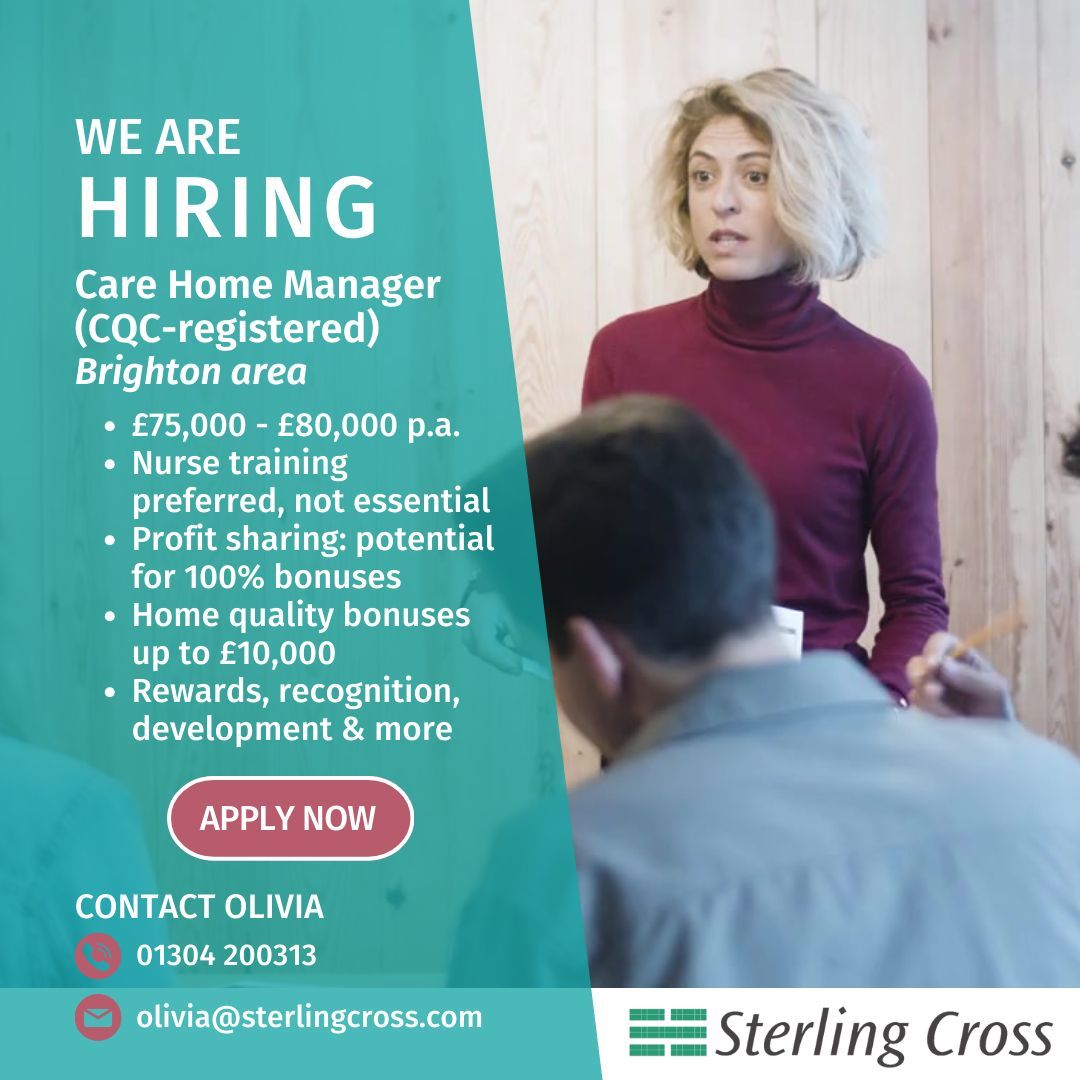 Care about #care and helping residents get the best home experience possible? Lead the team at this deluxe #Brighton #carehome as the #RegisteredManager and make your mark in style 🎯 Contact #Olivia for info @ 01304 200 313 / olivia@sterlingcross.com
#carejobs #carehomemanager