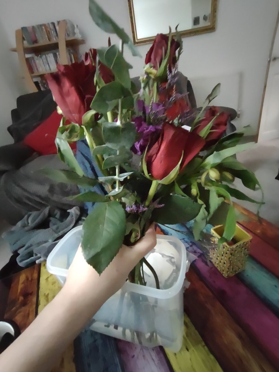 When you get an unexpected knock at the door and it's a card and flowers from all the lovely people you've worked with this week! 😊❤️ And when you don't own a vase so you have to try and stand them up in a cereal tupperware box 😂🤣 Thank you all you lovely people xxxx
