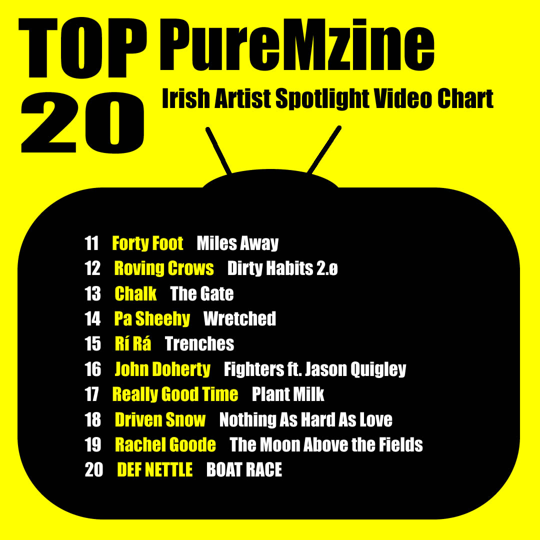 Irish artist top 20 Spotlight video chart, November 26 @NellydaSilla @Myles_O_Reilly @cosha @GalvoParker @JuniorBrotherIE @annamieke_ @FortyFootBand @RovingCrows @chalk_band @pasheehy